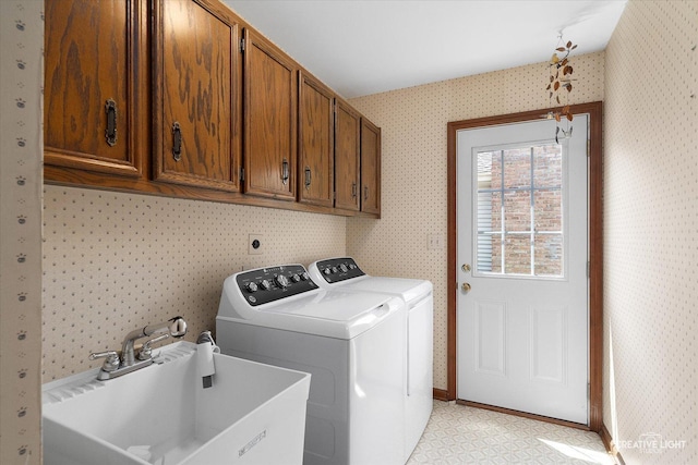 1453 Yale Ct, Naperville, IL 60565 - laundry area featuring wallpapered walls, separate washer and dryer, and cabinet space