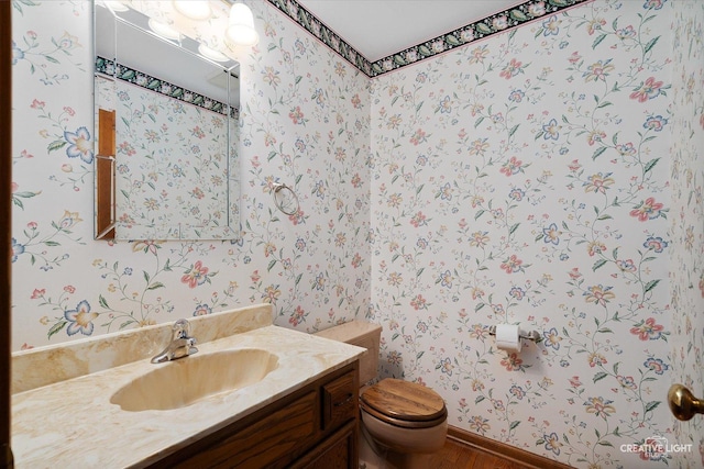 1453 Yale Ct, Naperville, IL 60565 - half bath with wallpapered walls, vanity, and wood finished floors