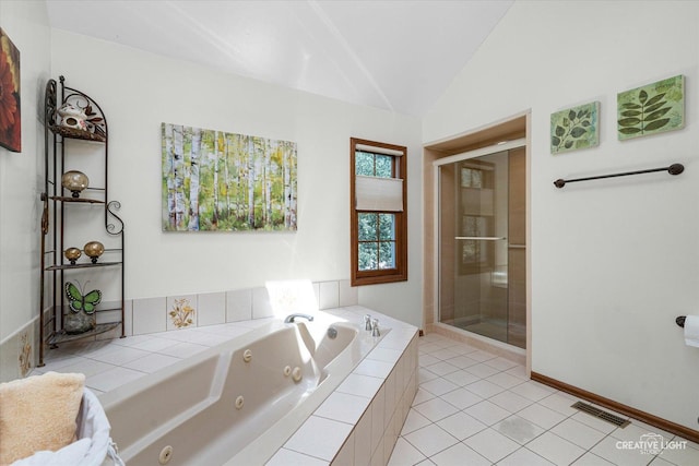 1453 Yale Ct, Naperville, IL 60565 - full bath featuring a whirlpool tub, a shower stall, vaulted ceiling, and tile patterned flooring