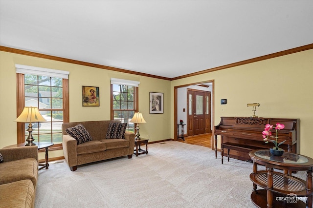 1453 Yale Ct, Naperville, IL 60565 - living room featuring healthy amount of natural light, ornamental molding, and light carpet