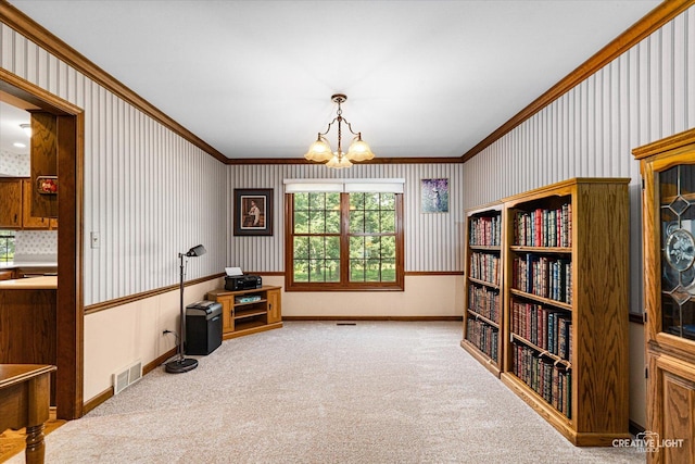 1453 Yale Ct, Naperville, IL 60565 - office area with crown molding, a chandelier, carpet flooring, and wallpapered walls