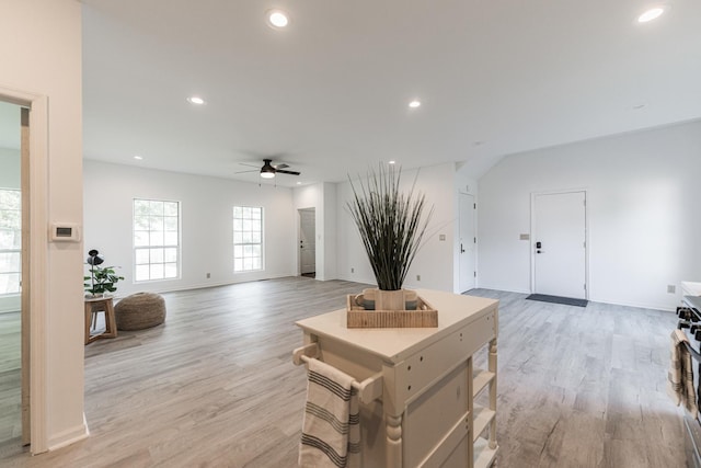 402 N St, Monroe Center, IL 61052 - living area featuring ceiling fan, light wood-style floors, and recessed lighting