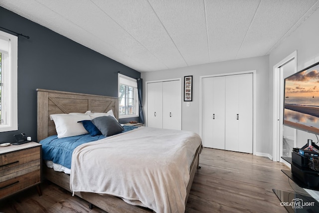 1258 Chalet Rd Unit 104, Naperville, IL 60563 - bedroom with two closets, wood finished floors, and a textured ceiling