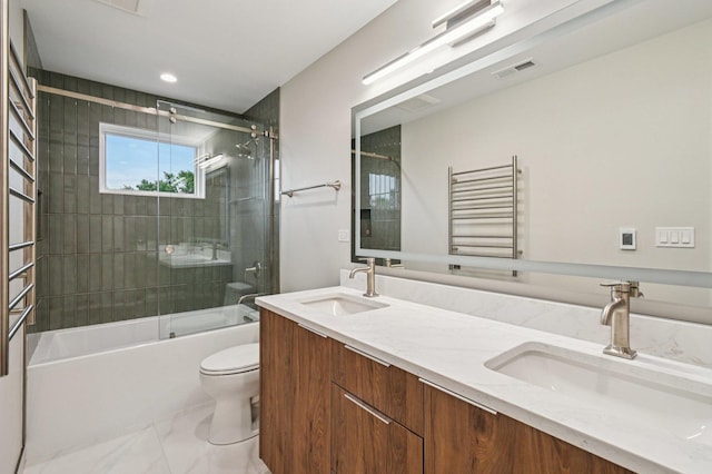 2700 Fontana Dr, Glenview, IL 60025 - full bathroom with a towel warming rack, combined bath / shower with glass door, double vanity, and marble finish floors
