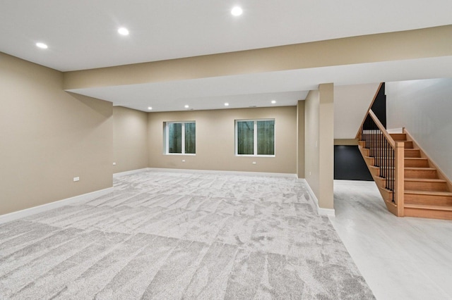 2700 Fontana Dr, Glenview, IL 60025 - below grade area with light colored carpet, recessed lighting, and stairway