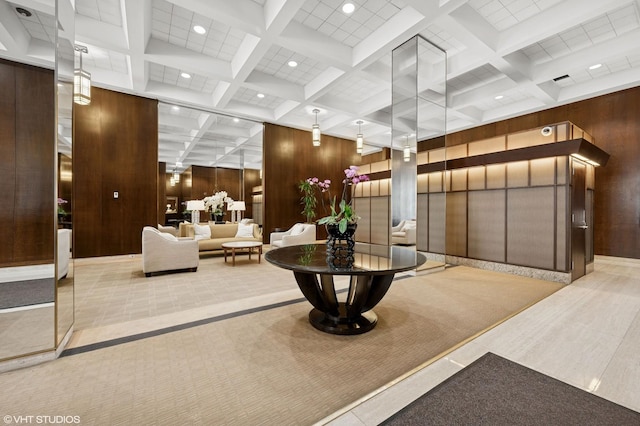 1325 N State Pkwy Unit 7A, Chicago, IL 60610 - building lobby featuring coffered ceiling, wooden walls, beam ceiling, and recessed lighting