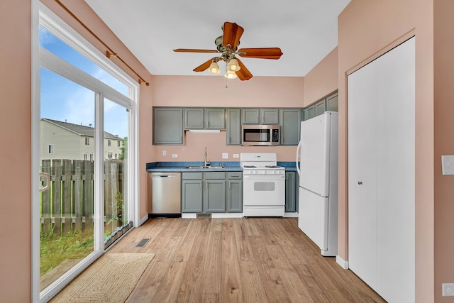 1423 Red Top Ln, Minooka, IL 60447 - kitchen with stainless steel appliances, light wood-style flooring, a ceiling fan, and gray cabinetry