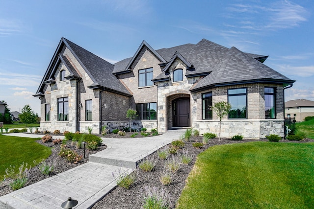 20145 Waterview Trl, Frankfort, IL 60423 - french country home featuring stone siding, a front yard, brick siding, and roof with shingles
