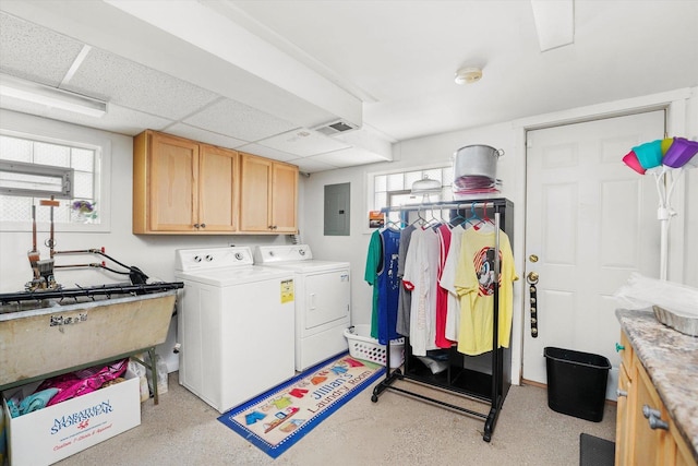 4301 Barry Ln, Oak Forest, IL 60452 - laundry area with cabinet space, washing machine and clothes dryer, plenty of natural light, and electric panel