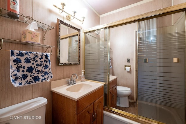 2506 Sigwalt St, Rolling Meadows, IL 60008 - full bathroom with vanity, ornamental molding, and wooden walls