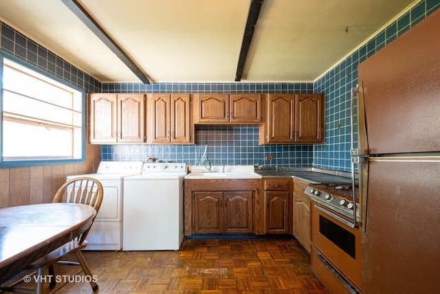 2506 Sigwalt St, Rolling Meadows, IL 60008 - kitchen featuring high end refrigerator, range, washer and clothes dryer, beamed ceiling, and brown cabinets