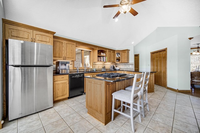 328 Windermere Dr, Chesterton, IN 46304 - kitchen featuring freestanding refrigerator, dishwasher, vaulted ceiling, a center island, and a ceiling fan