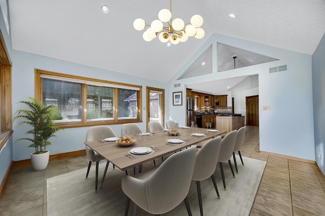 328 Windermere Dr, Chesterton, IN 46304 - dining room featuring a chandelier, high vaulted ceiling, and recessed lighting