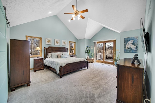 328 Windermere Dr, Chesterton, IN 46304 - bedroom with access to exterior, light carpet, vaulted ceiling, a textured ceiling, and a ceiling fan