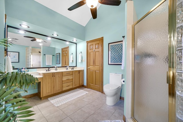 328 Windermere Dr, Chesterton, IN 46304 - bathroom with a ceiling fan, double vanity, a stall shower, lofted ceiling, and recessed lighting