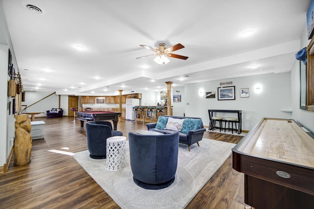 328 Windermere Dr, Chesterton, IN 46304 - living room with billiards table, ornate columns, dark wood-style flooring, ceiling fan, and recessed lighting