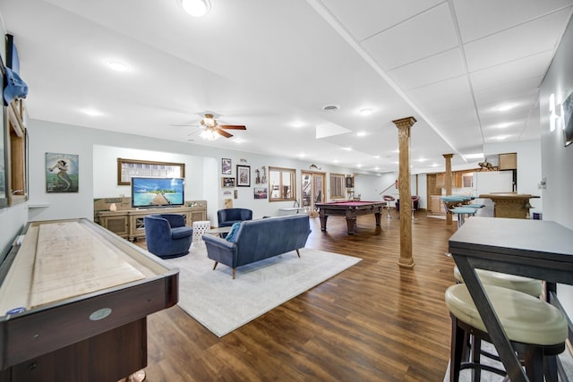 328 Windermere Dr, Chesterton, IN 46304 - living room featuring pool table, decorative columns, dark wood-style flooring, ceiling fan, and recessed lighting