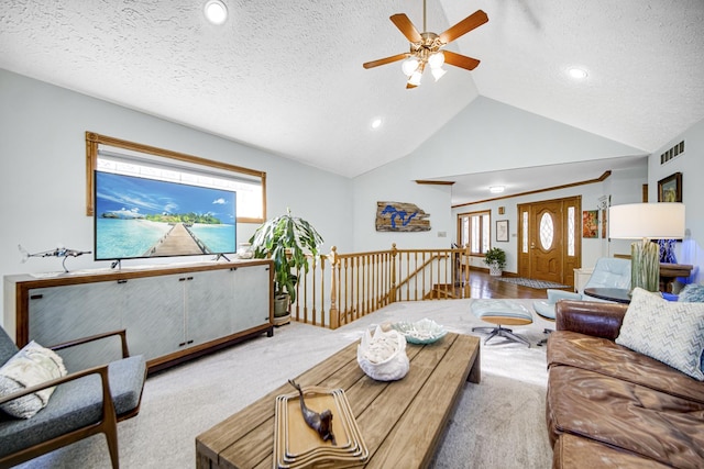 328 Windermere Dr, Chesterton, IN 46304 - living room featuring a textured ceiling, ceiling fan, recessed lighting, and high vaulted ceiling