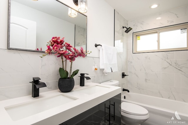 9156 S Sawyer Ave, Evergreen Park, IL 60805 - bathroom featuring tile walls, bathing tub / shower combination, double vanity, and recessed lighting