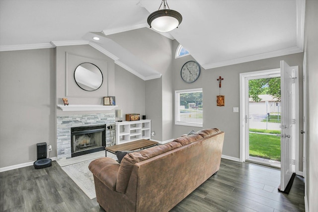 1901 Sumac Dr, Champaign, IL 61821 - living area featuring lofted ceiling, dark wood finished floors, a fireplace, and ornamental molding
