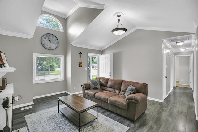 1901 Sumac Dr, Champaign, IL 61821 - living room with dark wood finished floors, lofted ceiling, and ornamental molding