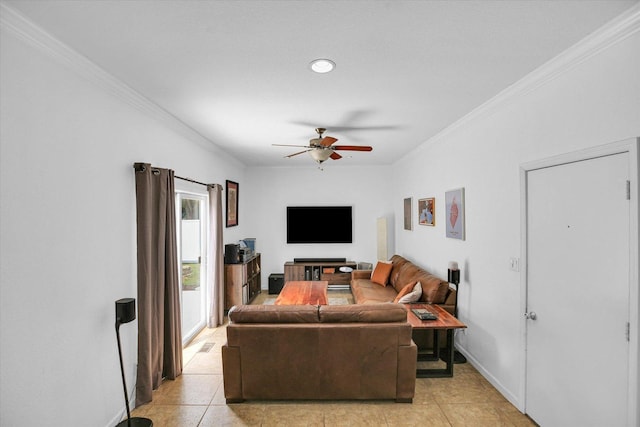 1901 Sumac Dr, Champaign, IL 61821 - living area with ornamental molding, ceiling fan, and light tile patterned flooring