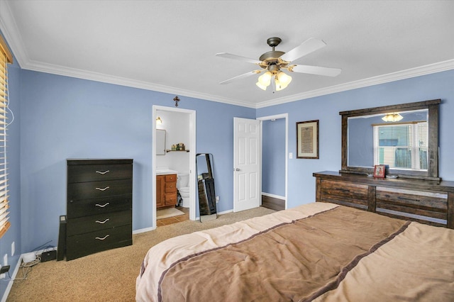 1901 Sumac Dr, Champaign, IL 61821 - bedroom featuring light carpet, ornamental molding, ceiling fan, and connected bathroom