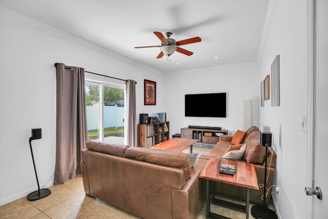 1901 Sumac Dr, Champaign, IL 61821 - living room with ceiling fan, light tile patterned floors, and ornamental molding