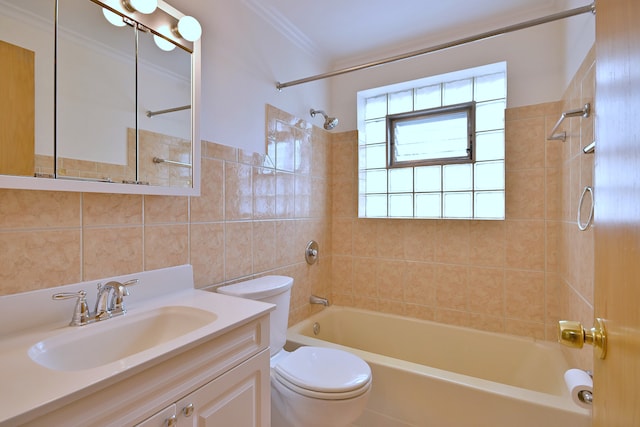 6959 W Higgins Ave Unit 3S, Chicago, IL 60656 - full bath with washtub / shower combination, vanity, tile walls, and ornamental molding