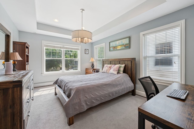 806 S Walnut Ave, Arlington Heights, IL 60005 - bedroom with a raised ceiling, a baseboard heating unit, light carpet, a chandelier, and recessed lighting
