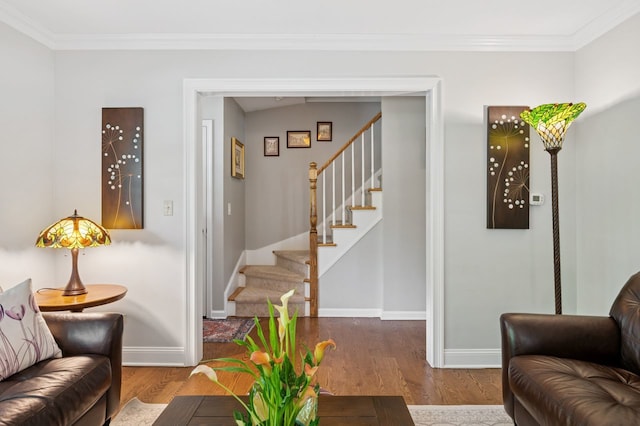 806 S Walnut Ave, Arlington Heights, IL 60005 - living room featuring wood finished floors, stairway, and crown molding