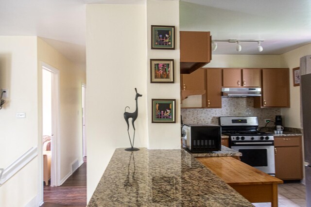 3208 172nd Ct, Hazel Crest, IL 60429 - kitchen featuring stainless steel range with gas stovetop, under cabinet range hood, backsplash, and black microwave