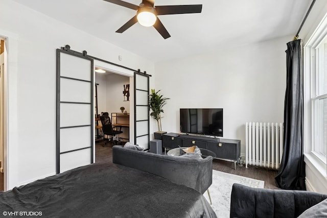 1709 W Wallen Ave Unit 1J, Chicago, IL 60626 - living area with radiator, ceiling fan, a barn door, and wood finished floors