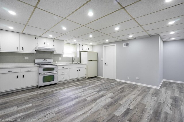 651 Clearmont Dr, Elk Grove Village, IL 60007 - kitchen with white appliances, under cabinet range hood, light wood-style floors, light countertops, and white cabinetry