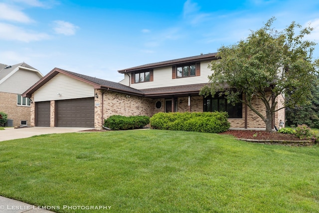 13938 S Trails End Dr, Homer Glen, IL 60491 - traditional-style house with brick siding, a garage, a front lawn, and concrete driveway