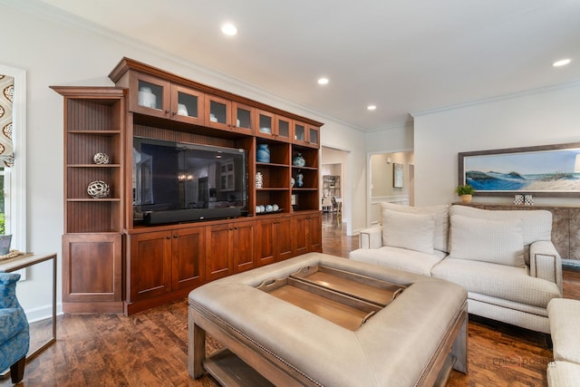 2135 Kenton Ln, Libertyville, IL 60048 - living room with ornamental molding, dark wood-style flooring, and recessed lighting