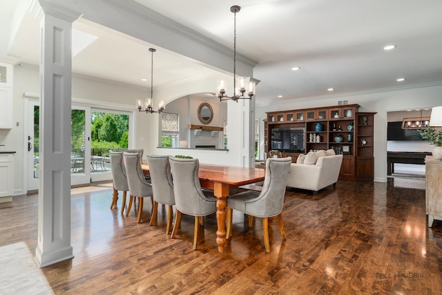 2135 Kenton Ln, Libertyville, IL 60048 - dining area with a chandelier, ornamental molding, dark wood-style floors, and recessed lighting