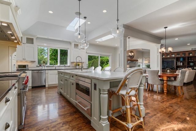 2135 Kenton Ln, Libertyville, IL 60048 - kitchen featuring appliances with stainless steel finishes, a chandelier, range hood, a skylight, and a kitchen bar