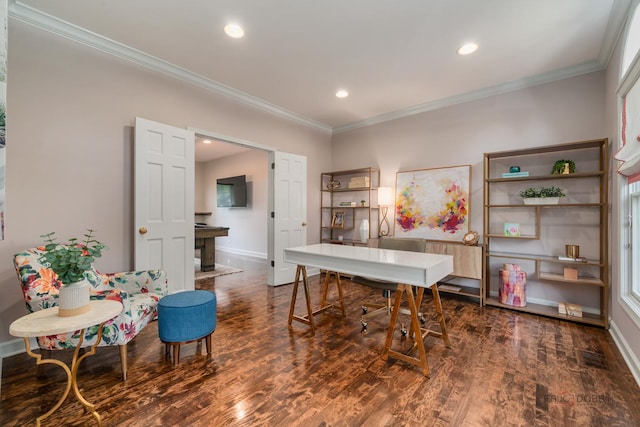 2135 Kenton Ln, Libertyville, IL 60048 - office area featuring ornamental molding, wood finished floors, and recessed lighting