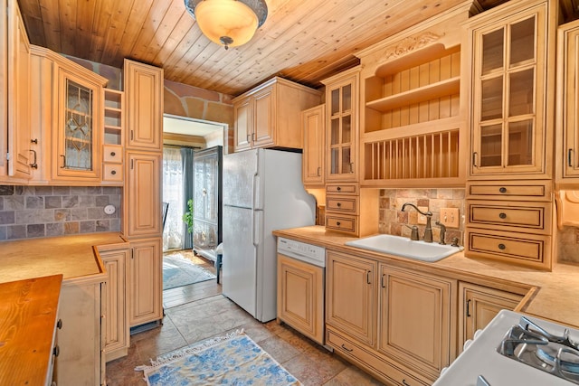 1003 Sandpiper Ct, Bartlett, IL 60103 - kitchen featuring freestanding refrigerator, light countertops, tasteful backsplash, paneled dishwasher, and wooden ceiling