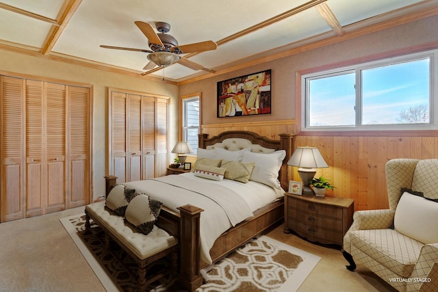 1003 Sandpiper Ct, Bartlett, IL 60103 - bedroom with two closets, light colored carpet, crown molding, a wainscoted wall, and ceiling fan