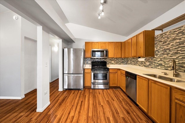 823 Symphony Dr, Aurora, IL 60504 - kitchen with appliances with stainless steel finishes, decorative backsplash, light countertops, dark wood-style floors, and lofted ceiling