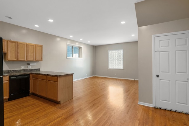 5028 W Lawrence Ave, Chicago, IL 60630 - kitchen featuring dishwasher, dark countertops, light wood-style floors, a peninsula, and recessed lighting