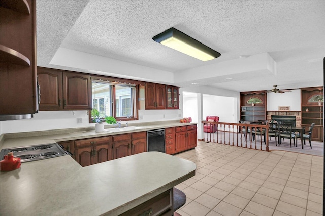 2904 Robeson Park Dr, Champaign, IL 61822 - kitchen featuring dishwasher, a ceiling fan, a fireplace, a textured ceiling, and light tile patterned floors