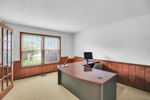 2904 Robeson Park Dr, Champaign, IL 61822 - office area featuring wainscoting, wood walls, a textured ceiling, and light colored carpet