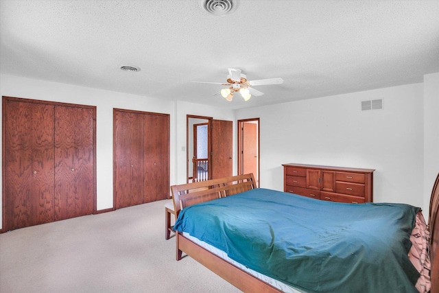 2904 Robeson Park Dr, Champaign, IL 61822 - carpeted bedroom featuring two closets, ceiling fan, and a textured ceiling
