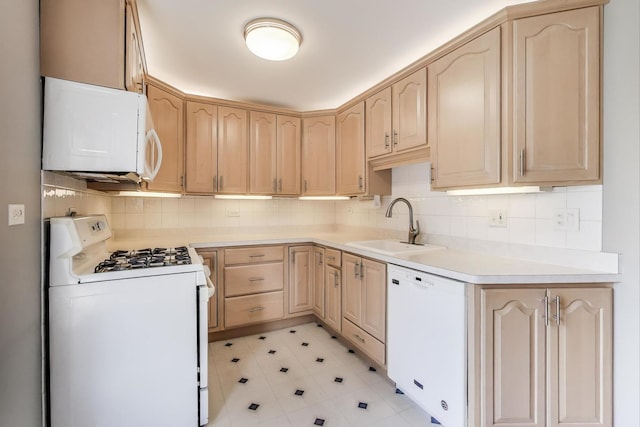 900 E Wilmette Rd Unit 205, Palatine, IL 60074 - kitchen with white appliances, light brown cabinets, backsplash, and light countertops