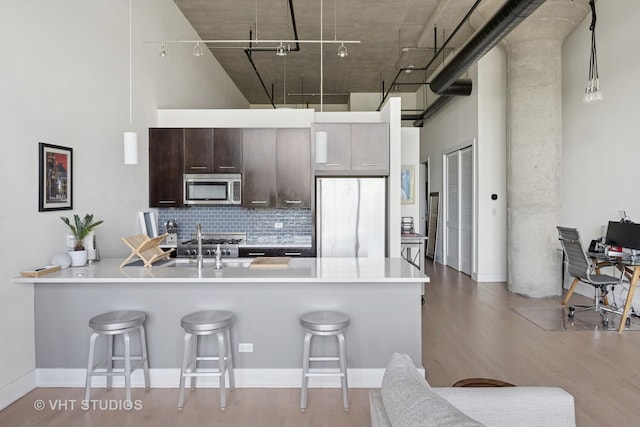 1800 W Grace St Unit 523, Chicago, IL 60613 - kitchen with stainless steel appliances, a kitchen breakfast bar, a peninsula, light wood-style flooring, and backsplash