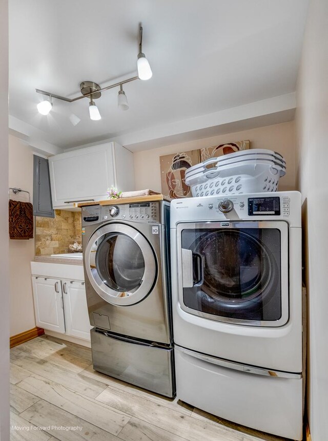 1145 S Chestnut Ave, Arlington Heights, IL 60005 - washroom with cabinet space, independent washer and dryer, light wood-type flooring, and rail lighting