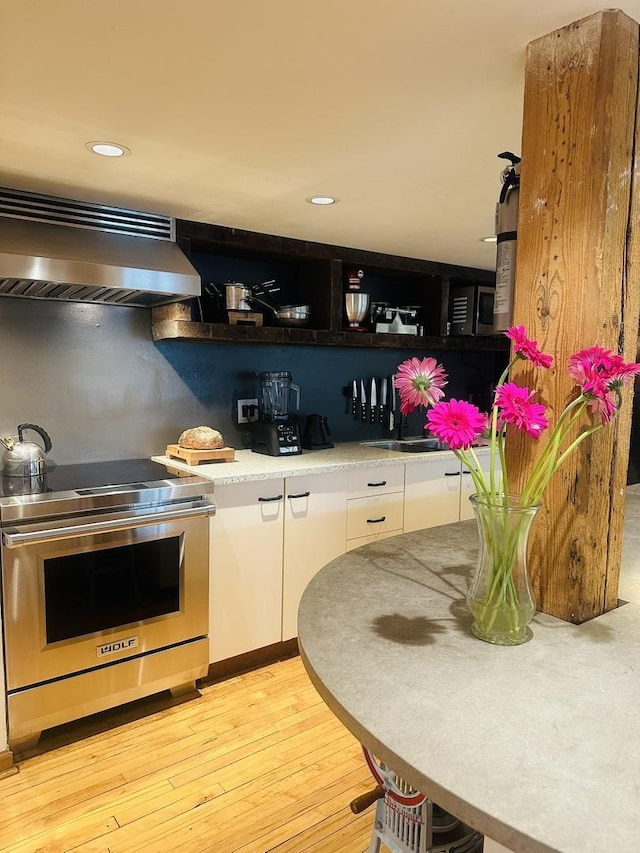 531 S Plymouth Ct Unit 602, Chicago, IL 60605 - bar area featuring electric range, custom range hood, tasteful backsplash, light wood finished floors, and recessed lighting